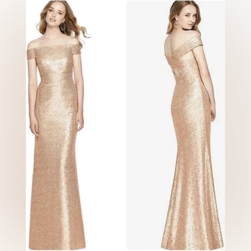 NWT DESSY COLLECTION Elle Sequin Rose Gold Off Shoulder Maxi Dress Size 18